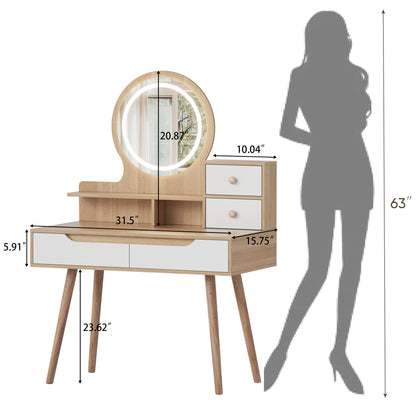 Makeup Vanity Desk with 3 Adjustable Lighted Mirror with solid wood table feet, Dressing Table Set with 4 drawers and 3 open shelves for Small space Bedroom image 9
