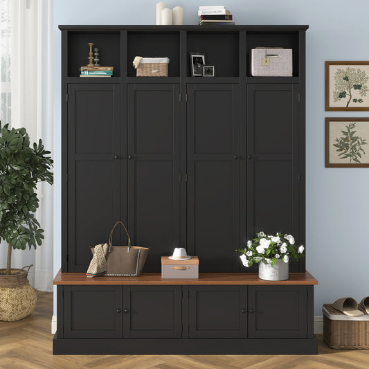 VIBE HAUS 76.7''H Farmhouse Hall Tree with Bench and Cabinet, 4-in-1 Entryway Bench with Coat Rack, Modern Entryway Storage Organizer with Open Cubbies & Hooks for Hallway, Entryway, Living Room image 1