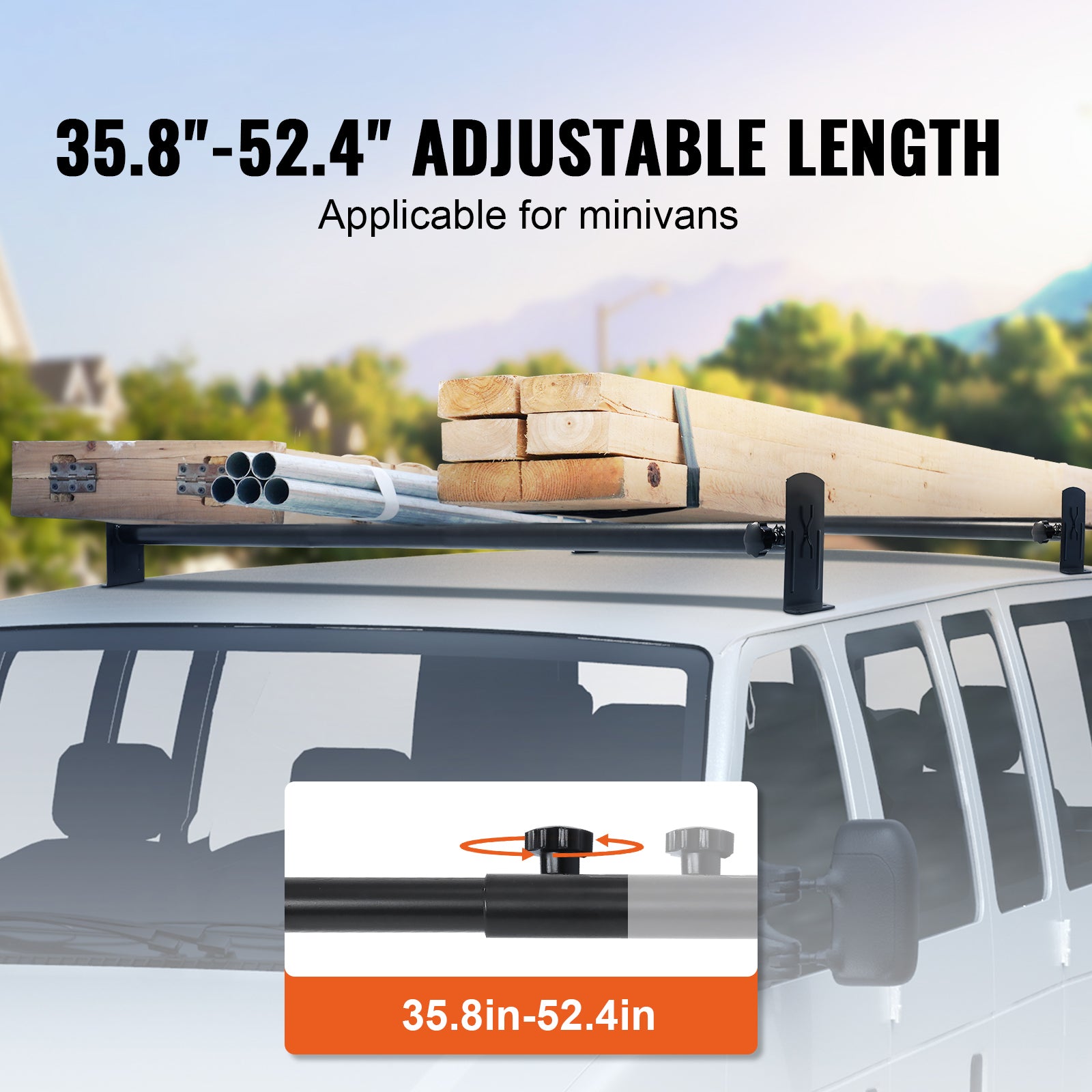 Van Roof Ladder Rack, 2 Bars Alloy Steel Roof Racks, 500 LBS Capacity Rain-Gutter Roof Rack, Adjustable Length 35.8"-57.5", Van Ladder Rack Compatible with Chevrolet Express, GMC Savana, etc image 4