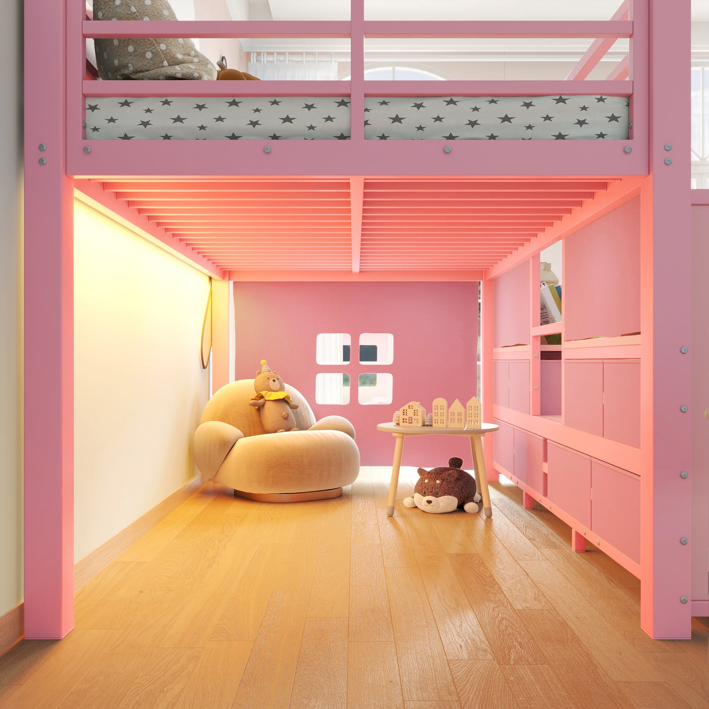 Twin Low Loft Bed with Multi-Storage Spaces, Including Fabric Drawers, Fabric Shelves Beside the Bed, Storage Stairs, Metal Loft Bed with Lights and Ample Under-bed Spaces, Pink image 10