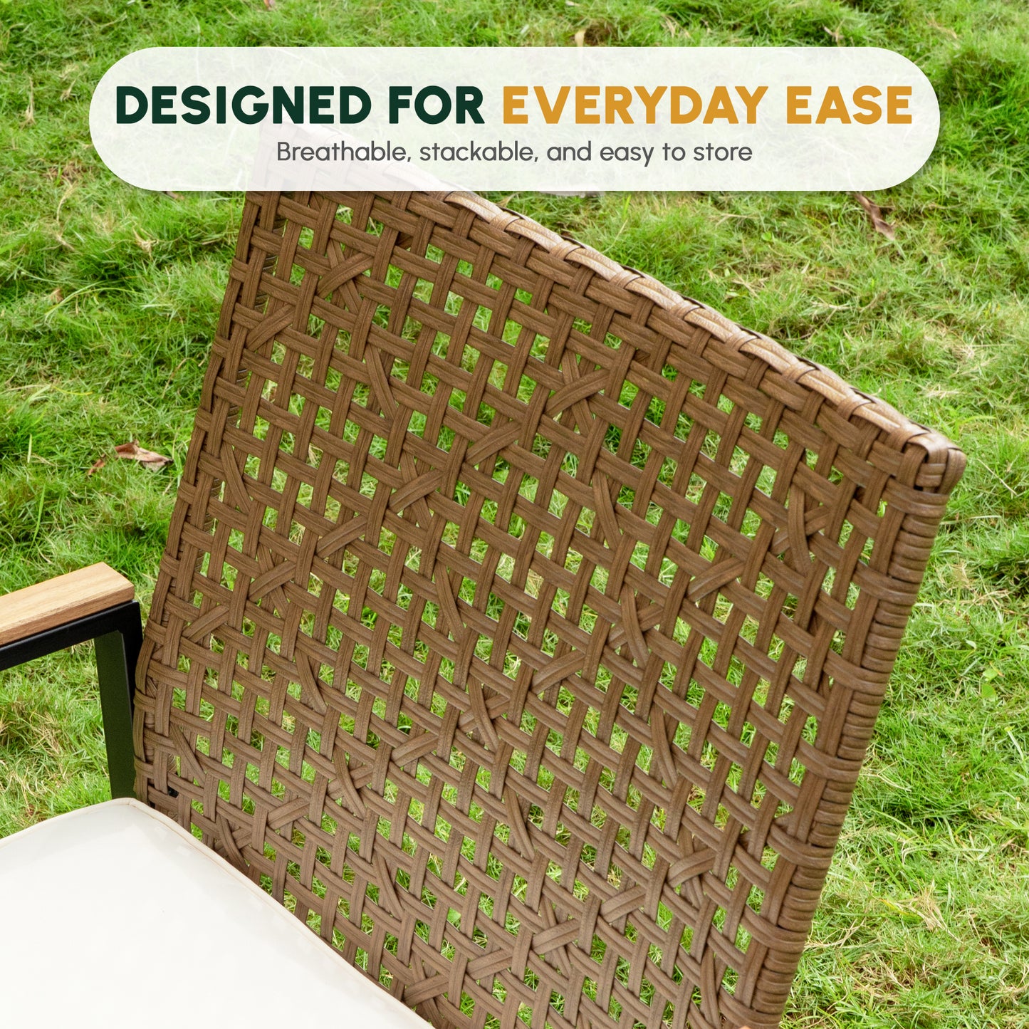 All Weather 5-Piece Patio Dining Table Sets, Patio Conversation Set Acacia Wood Table Top with Umbrella Hole, Rattan Outdoor, Yellow Color image 4