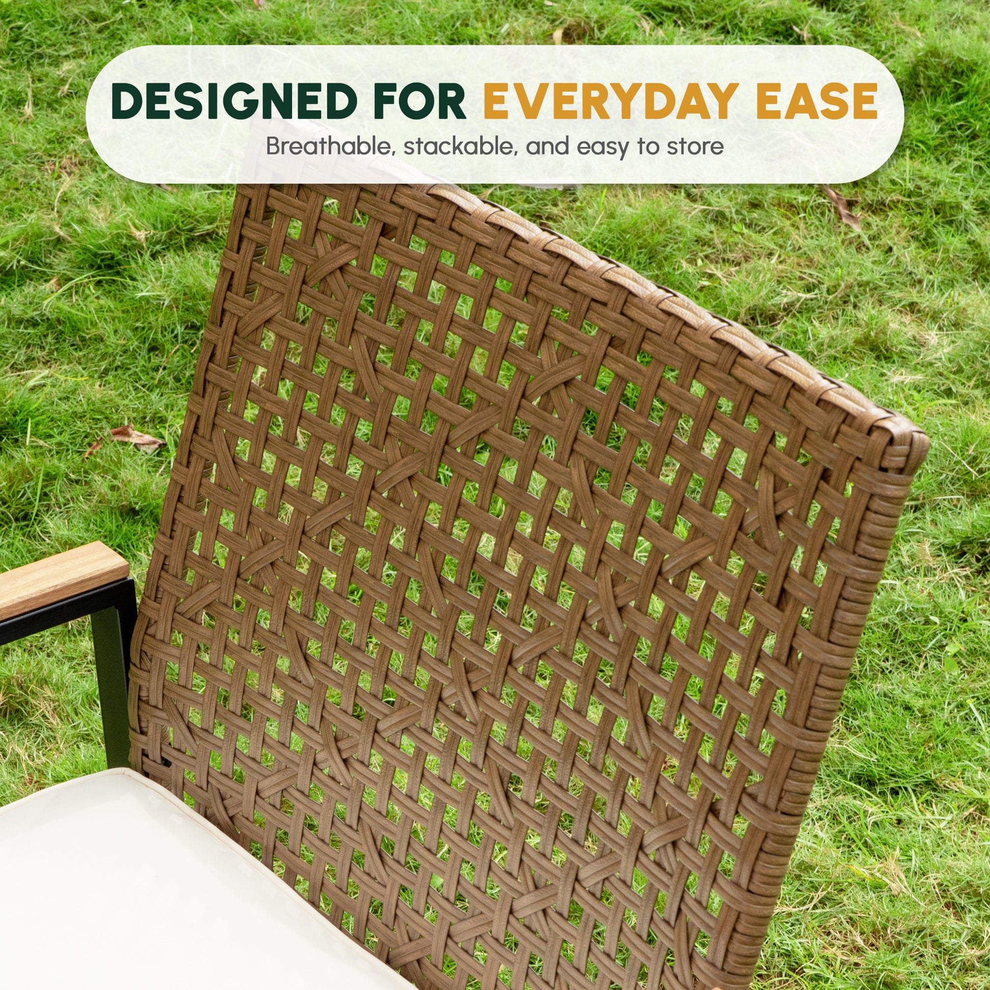 All Weather 5-Piece Patio Dining Table Sets, Patio Conversation Set Acacia Wood Table Top with Umbrella Hole, Rattan Outdoor, Yellow Color image 4
