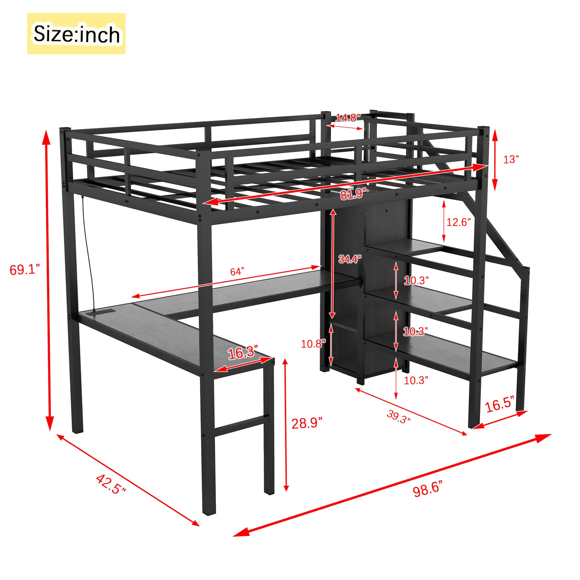 Twin XL Size Loft Bed with L-shaped Desk and USB, Metal Loft Bed with Wardrobe and Adjustable Shelf, High Loft Bed with LED for Kids Teens Adults, Black image 4