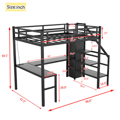 Twin XL Size Loft Bed with L-shaped Desk and USB, Metal Loft Bed with Wardrobe and Adjustable Shelf, High Loft Bed with LED for Kids Teens Adults, Black image 4