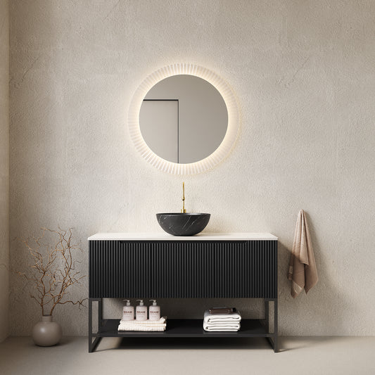 TULIO 48" Bathroom Vanity&Sink, Freestanding Bathroom Storage Cabinet with 3 Doors&Open Shelf, Black Bowl Ceramic Basin with Stone Pattern and Carrara White Sintered Stone Countertop, Black (New SKU) image 1
