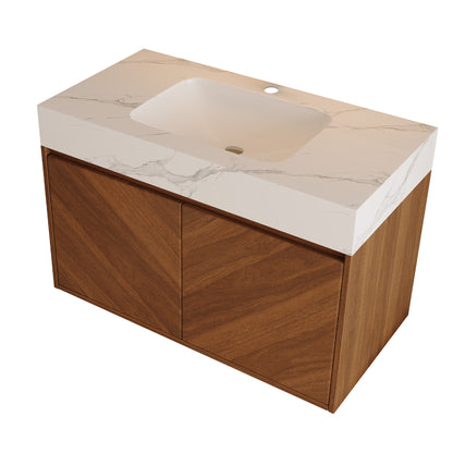 30" Modern Wall-Mounted Bathroom Vanity with Ceramic Sink – Brown Oak, Soft-Close image 8