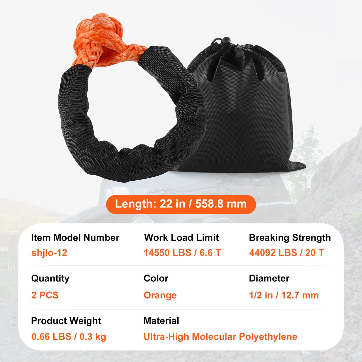 Synthetic Soft Shackle, 1/2" x 22" (2 Pack) 44092 lbs (20 Ton) Breaking Strength Recovery Tow Shackles with Extra 2 Sleeves & Storage Bag for UTV, ATV, Trucks, Jeep, Off-Road Vehicles, Orange image 10
