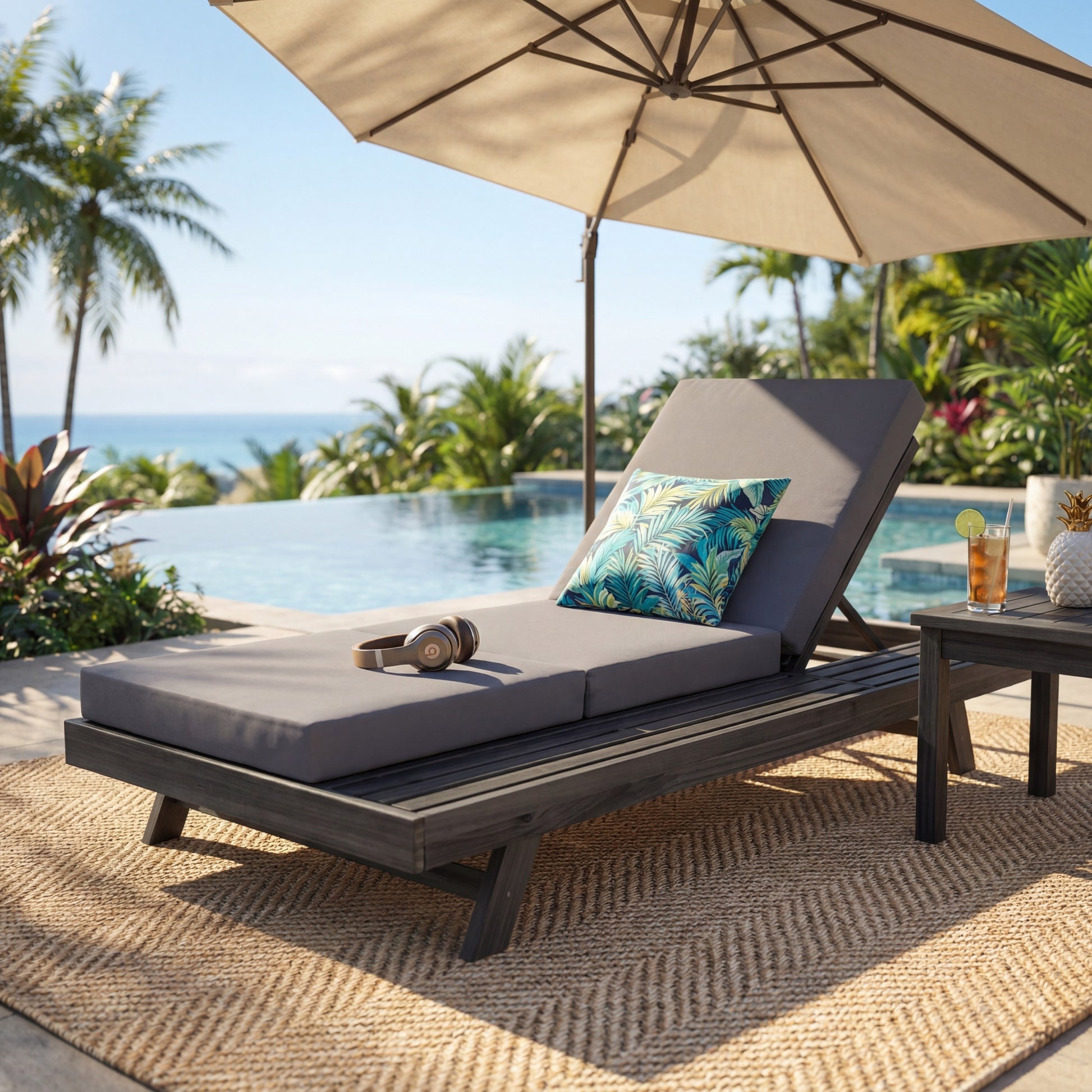 Lounge Chaise Set, Space Available On One Side, Acacia Solid Wood In Black With Lounge Cushion (Dark Grey & Triple Fold) – Matching Cream Version Available image 1