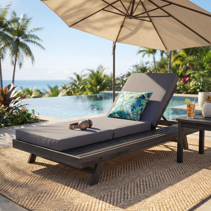 Lounge Chaise Set, Space Available On One Side, Acacia Solid Wood In Black With Lounge Cushion (Dark Grey & Triple Fold) – Matching Cream Version Available image 1