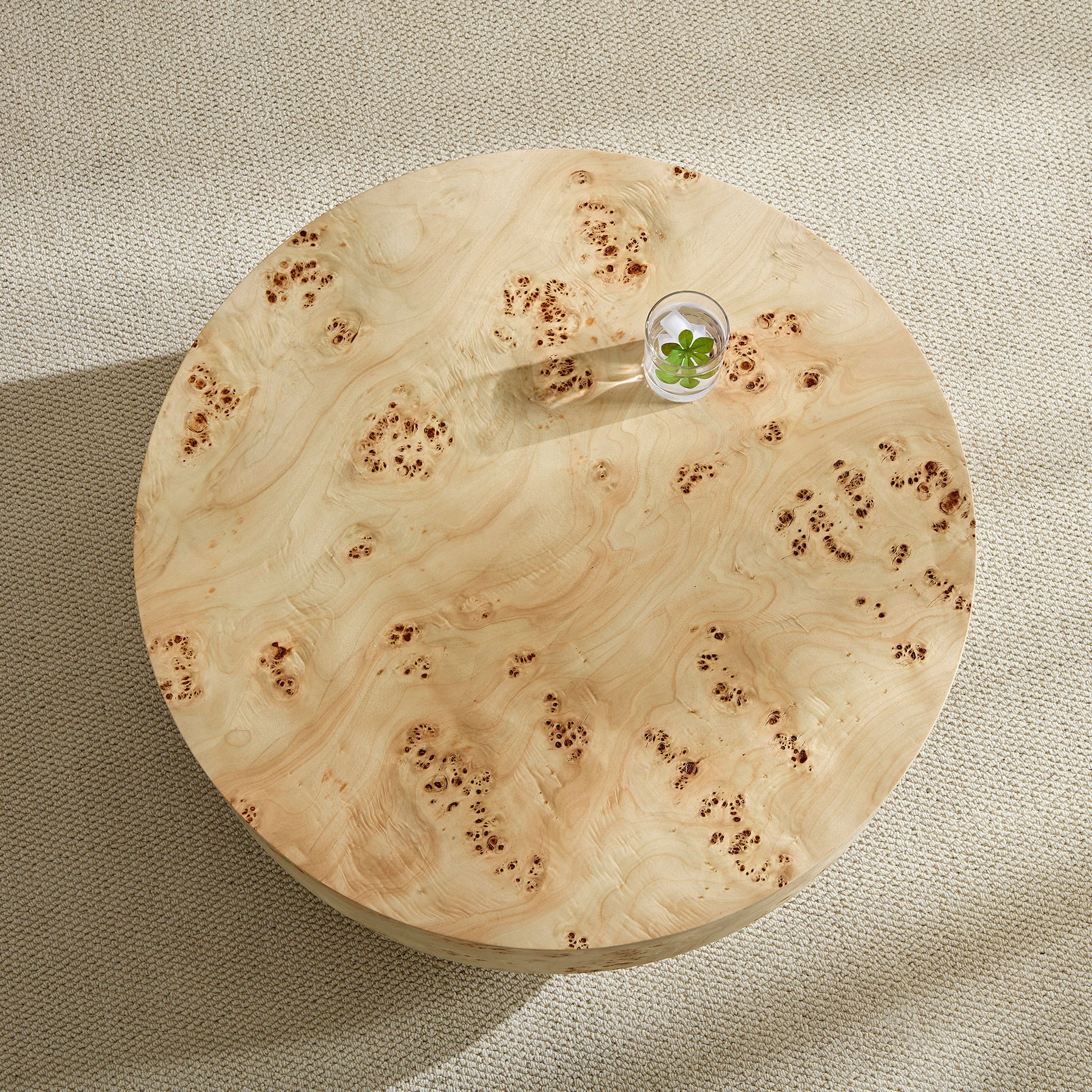 31.49''Mid Century Modern Round Wood Coffee Table with Burl Wood Veneer and Sturdy Pedestal for Living Room Office Apartment image 11