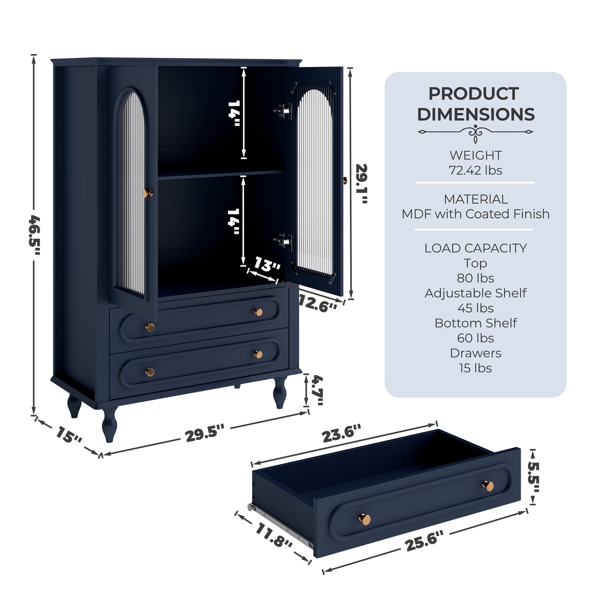 46.5'' Glass Display Cabinet with Ribbed Glass Doors,Wooden Curio Cabinet with 2 Drawers & Adjustable Shelf, Freestanding Buffet Cabinet Unit for Living Room Dining Room, Navy Blue image 6