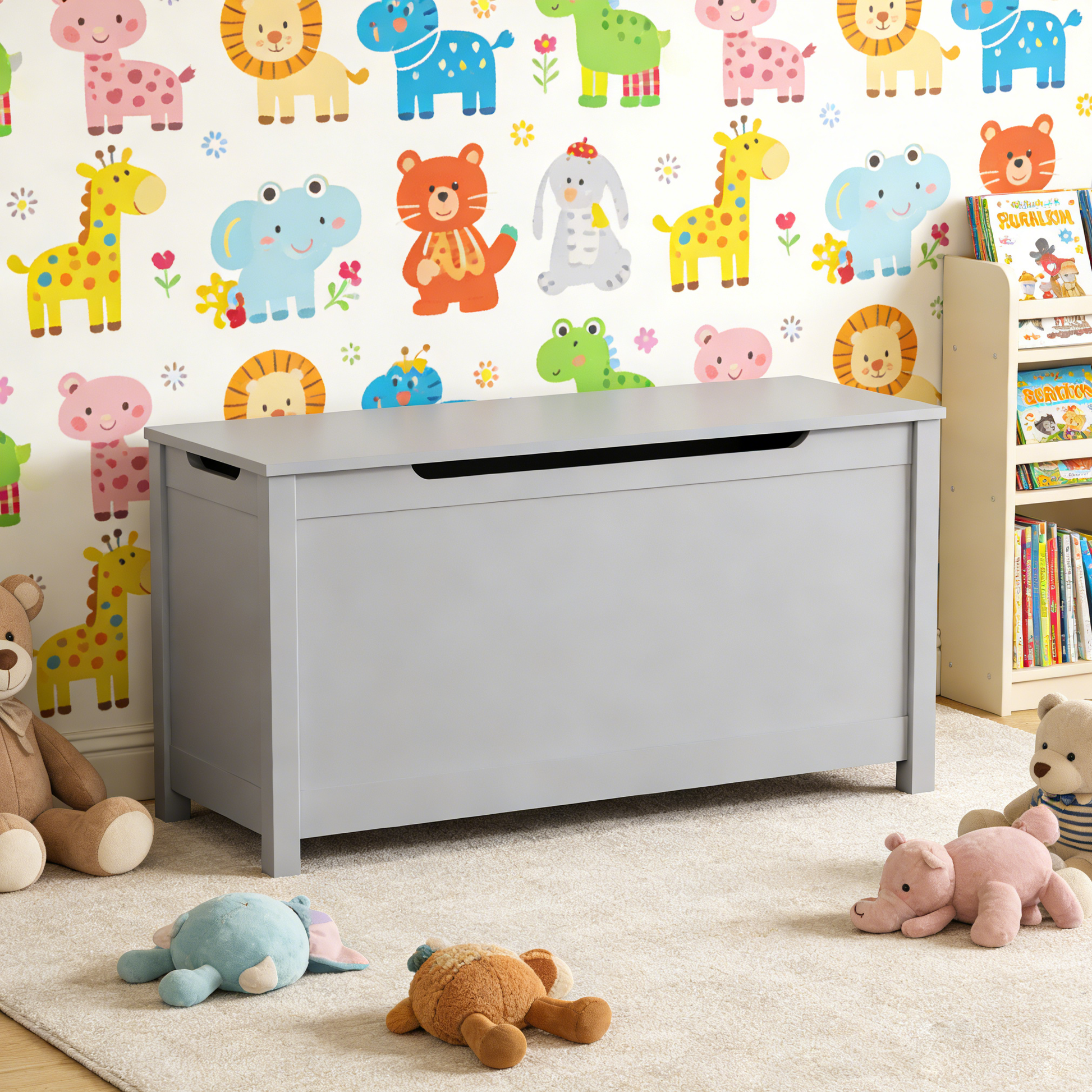 Kids Wooden Toy Box Storage with Safety Hinged Lid for Ages 2+ (Gray) image 1