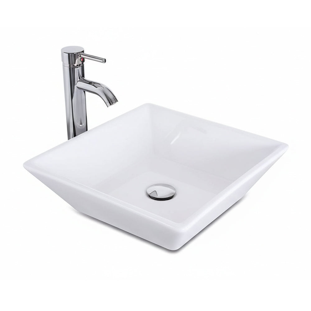 Square Ceramic Basin White Vessel Sink for Bathroom Vanity,16"X16" Beveled Porcelain Sink w/Faucet&Pop Up Drain image 1