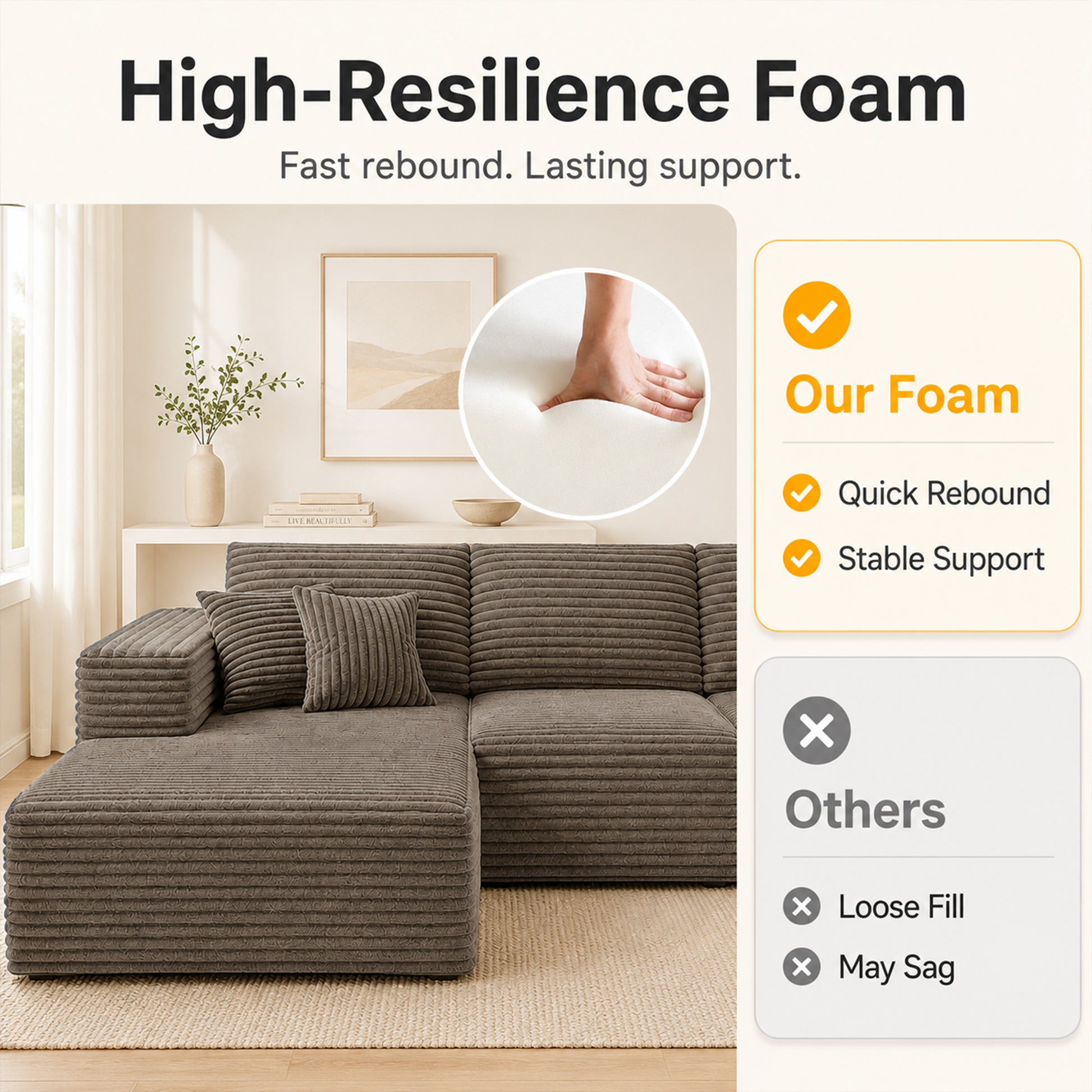 105.1-inch modern Coffee corduroy L-shaped 7-shaped sofa with left side lounge chair, pure sponge compressed cloud sofa, suitable for living rooms, apartments, tool free assembly. image 3