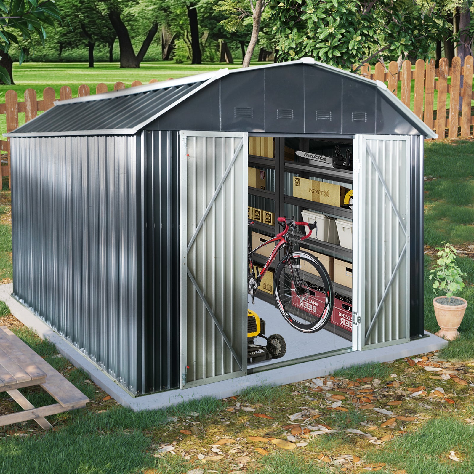 10 ft x 12 ft Outdoor Metal Storage Shed with Arch Roof with Lockable Doors for Backyard Garden Patio Lawn, Black image 1
