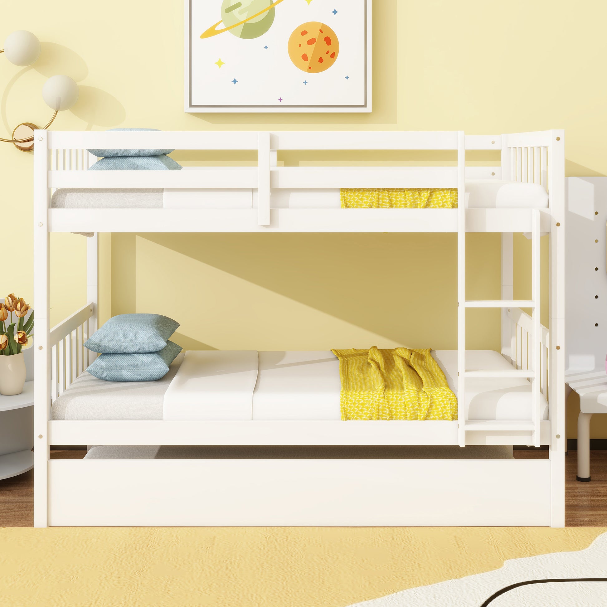 Twin Over Twin Rubber Wood Bunk Bed with Trundle, Convertible into Twin Size Beds, Twin Size Bunk Bed with Ladder and Safety Guardrails, White image 1