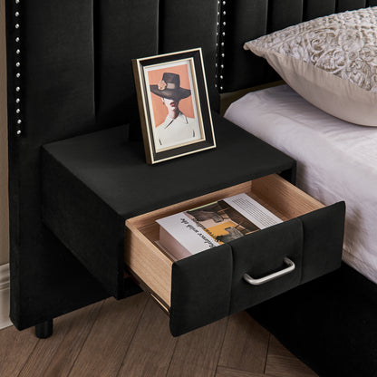 King Size Upholstered Bed Frame with Velvet Fabric, Vertical Stripe Design with Buttons Around King Size Platform Bed with Headboard, Solid Frame & Bedside Table - No Box Spring Needed-Black image 9