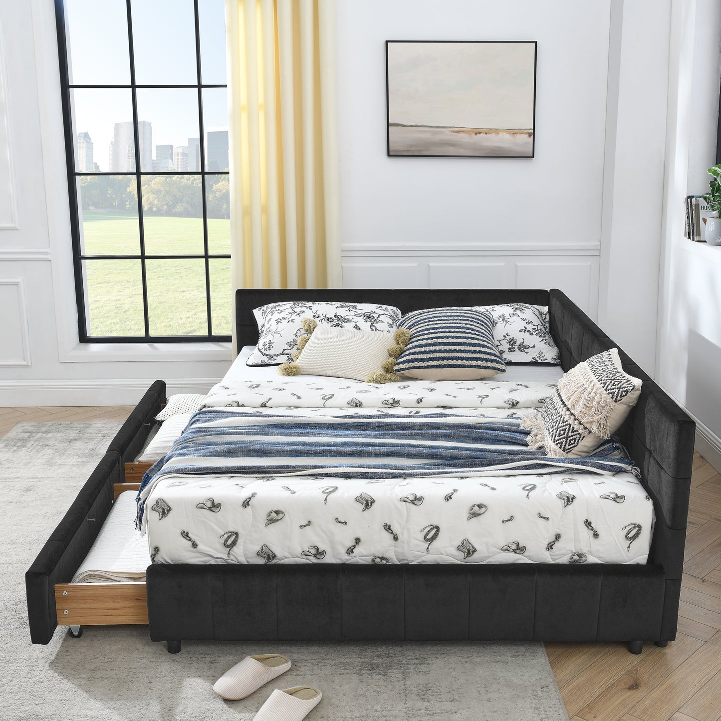 Queen Size Storage Upholstered Tufted Bed Frame, Sofa Bed Frame with Comfortable Backrest and Armrests, Queen Size Bed for Bedroom, Living Room,Velvet, BLACK(85.5''*64.5''*29.5'') image 6