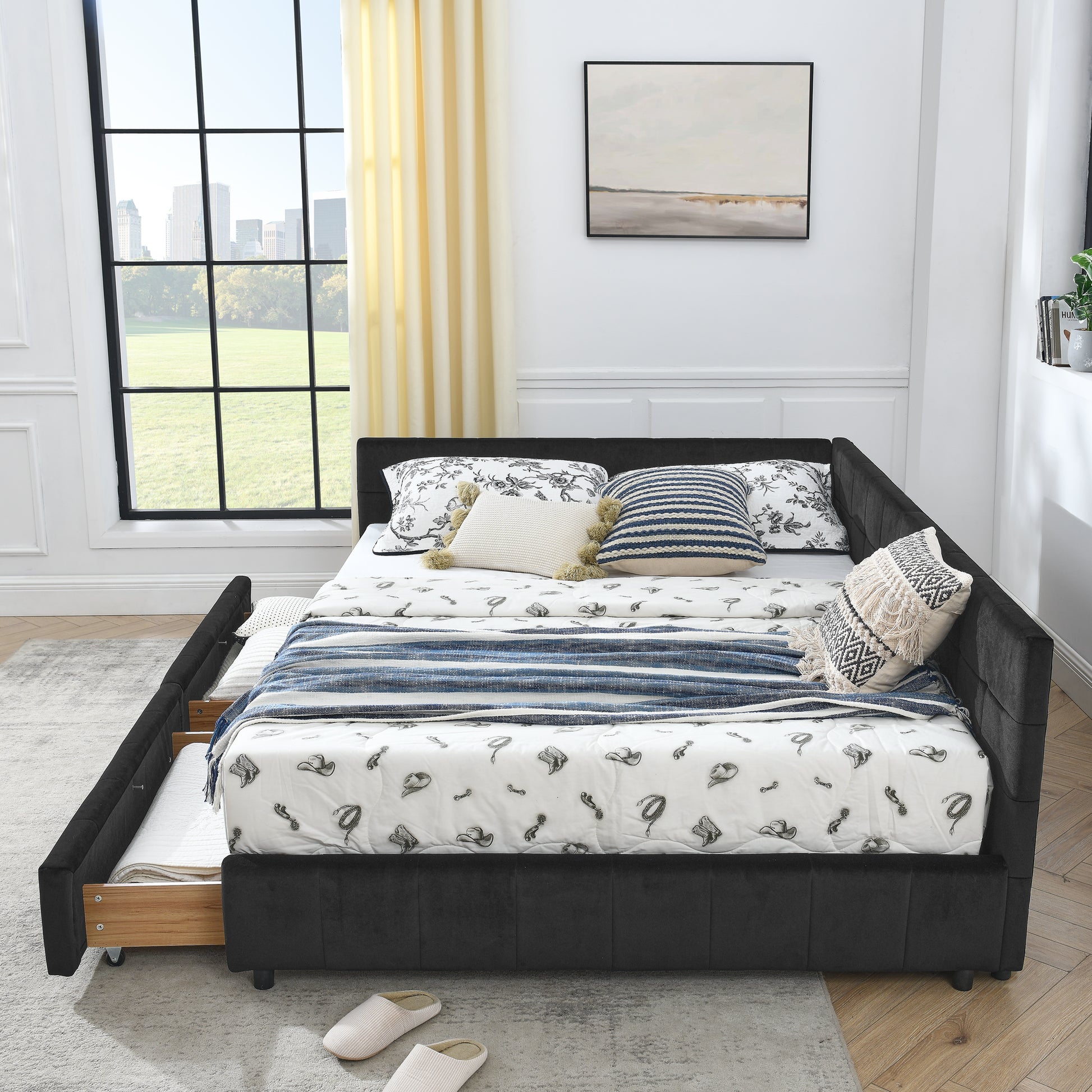 Queen Size Storage Upholstered Tufted Bed Frame, Sofa Bed Frame with Comfortable Backrest and Armrests, Queen Size Bed for Bedroom, Living Room,Velvet, BLACK(85.5''*64.5''*29.5'') image 6