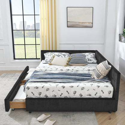 Queen Size Storage Upholstered Tufted Bed Frame, Sofa Bed Frame with Comfortable Backrest and Armrests, Queen Size Bed for Bedroom, Living Room,Velvet, BLACK(85.5''*64.5''*29.5'') image 6