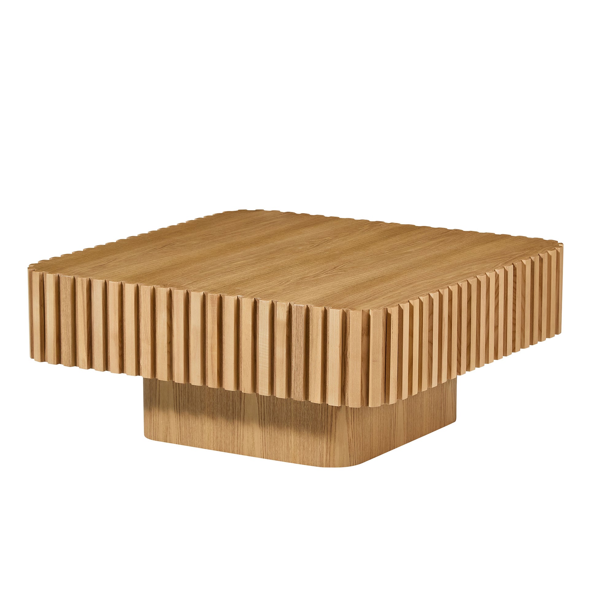 Modern 35.43 Inch Handcraft Drum Coffee Table Square Coffee Table for Living Room,Small Wooden Coffee Table with Sturdy MDF Pedesta,Narual Color image 3