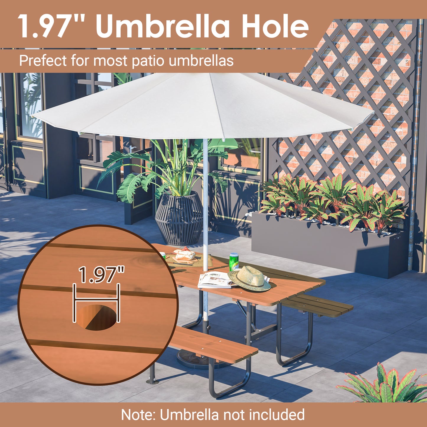 72" Rectangular Outdoor Picnic Table for 6 Person,Heavy Duty Wooden Dining Set with Built-in Benches, 1.97" Umbrella Hole, Waterproof&Corrosion-Resistant, Ideal for Garden, Backyard, BBQ,Courtyardfa image 3