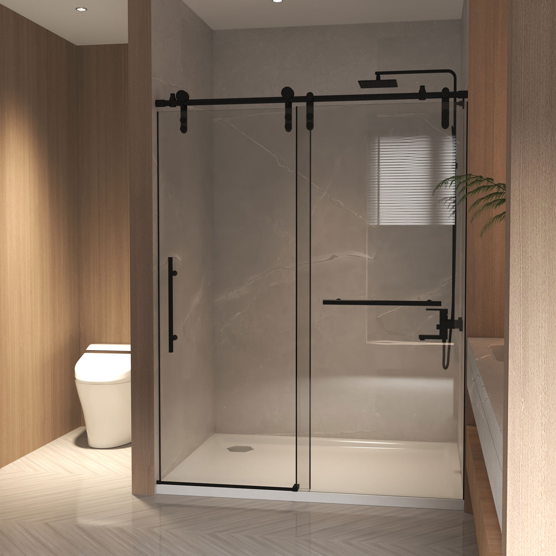 56-60" x 76" H Frameless Sliding Shower Door, 5/16" (8mm) Clear Tempered Glass, Stainless Steel Frame,Matte Black image 4