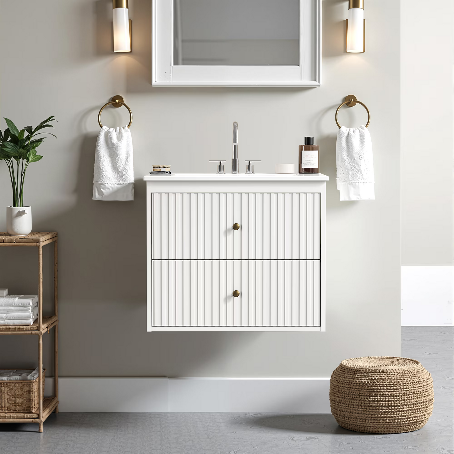 24'' Bathroom Vanity with Sink Set, Floating Bathroom Storage Cabinet with Doors and Drawers, Modern Vanity Sink Cabinet Wall Mount with Painted Surface, White image 11