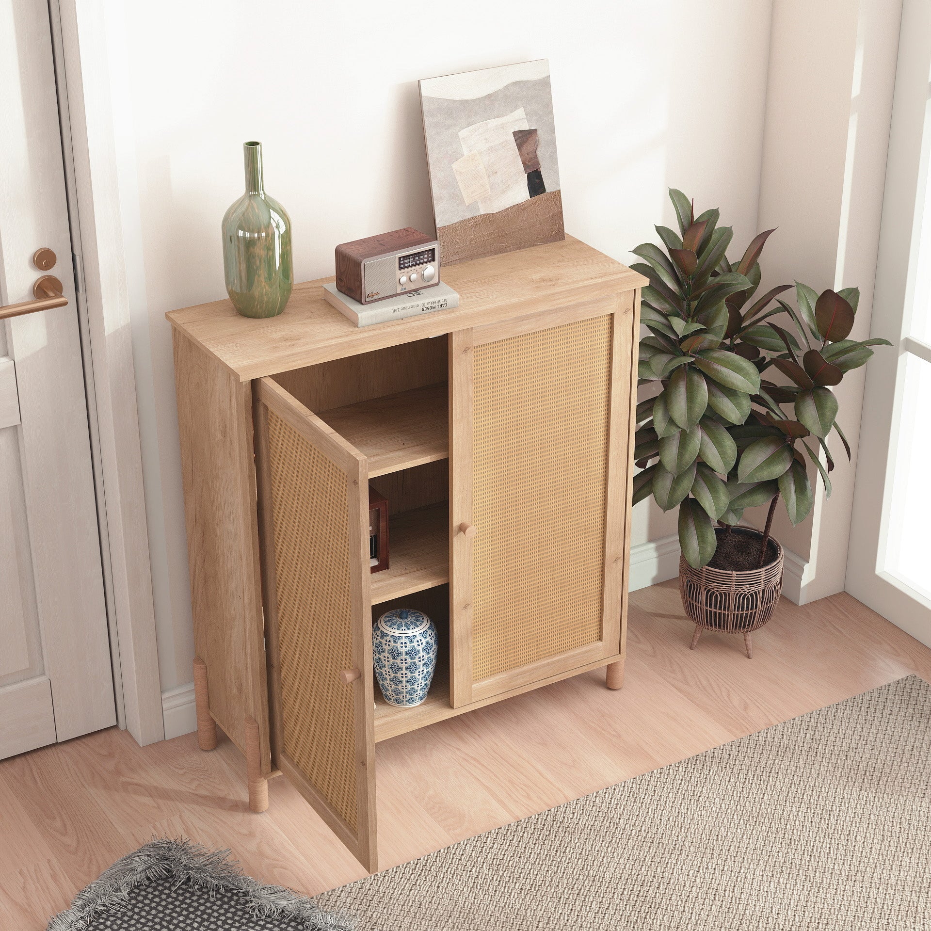Mid-Century Modern Storage Cabinet with Woven Rattan Doors & Adjustable Shelves - Perfect for Living Room & Dining Room image 11