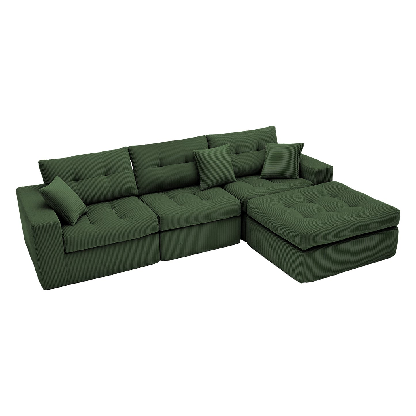 Corduroy Corner Chaise Compression Sofa Bed, L-Shaped Sectional Couch with High-Density Sponge, No-Assembly Required Convertible Sofa for Living Room, Apartment, Guest Room(Green) image 3