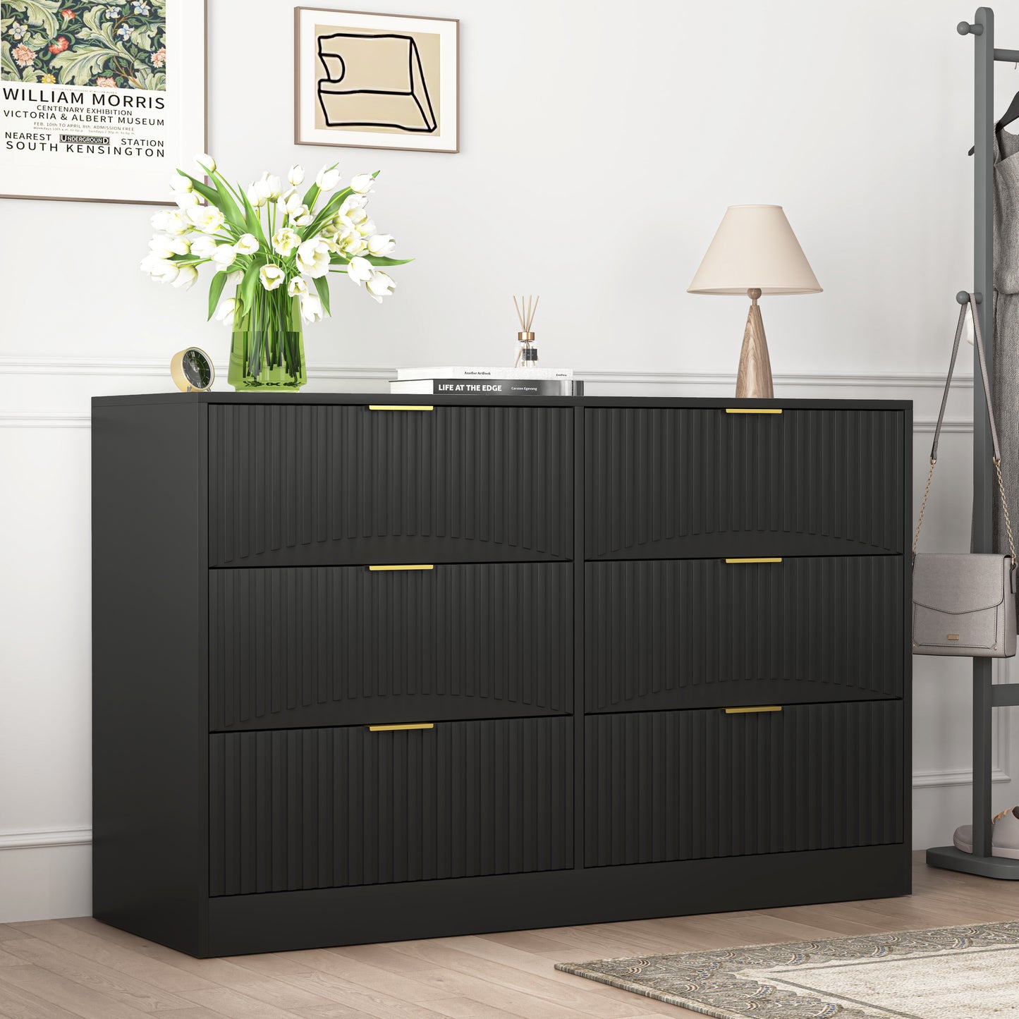 Modern 6-Drawer Dresser, Chest of Drawers for Bedroom, Living Room, Hallway, and Entryway - Large Storage Cabinet, Black,Drawer panel with wavy patterns image 7