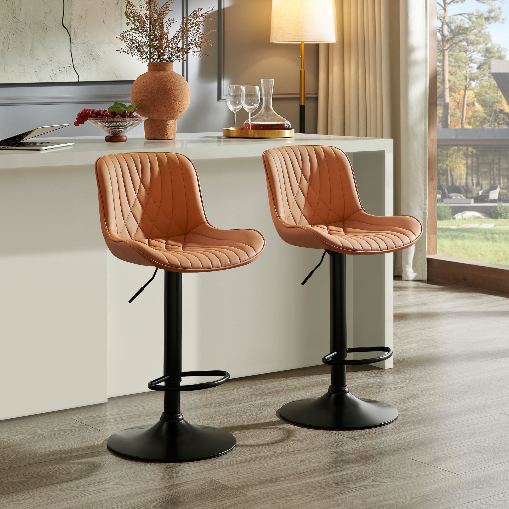 Kovyn Contemporary Adjustable Barstool with Faux Leather Swivel Seats, Set of 2, Camel image 3