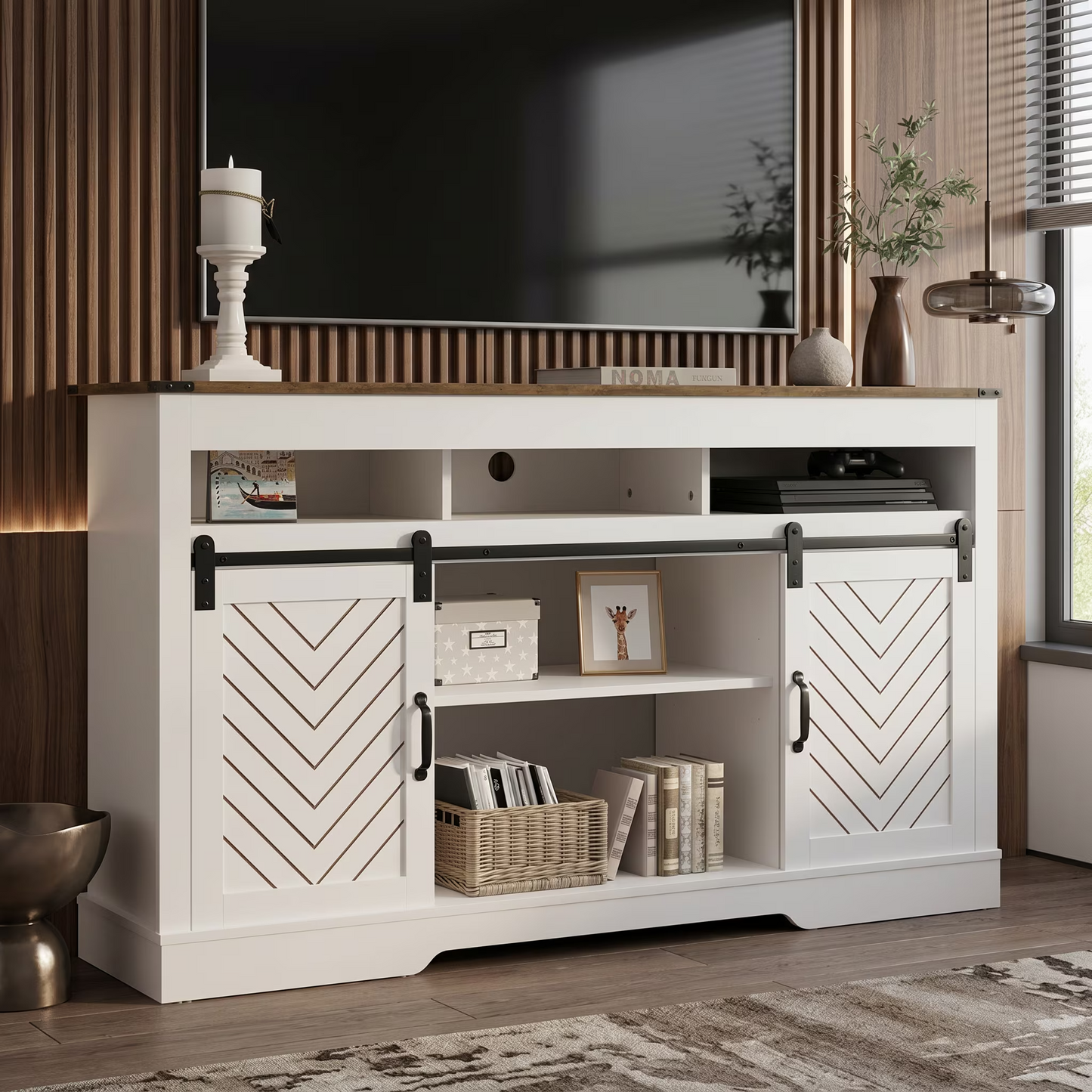 Farmhouse TV Stand for 65+ Inch TV, Tall Entertainment Center with Sliding Barn Doors, Rustic Wood Storage Cabinet Television Media Console for Living Room, Bedroom (Wood-Tone and White) image 1
