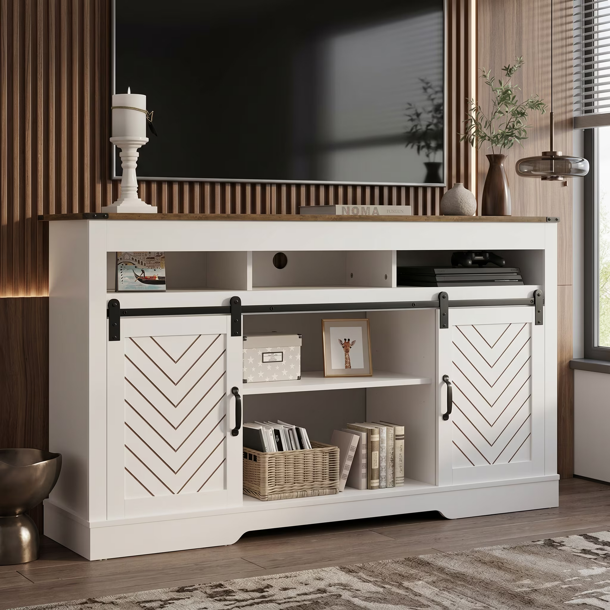 Farmhouse TV Stand for 65+ Inch TV, Tall Entertainment Center with Sliding Barn Doors, Rustic Wood Storage Cabinet Television Media Console for Living Room, Bedroom (Wood-Tone and White) image 1