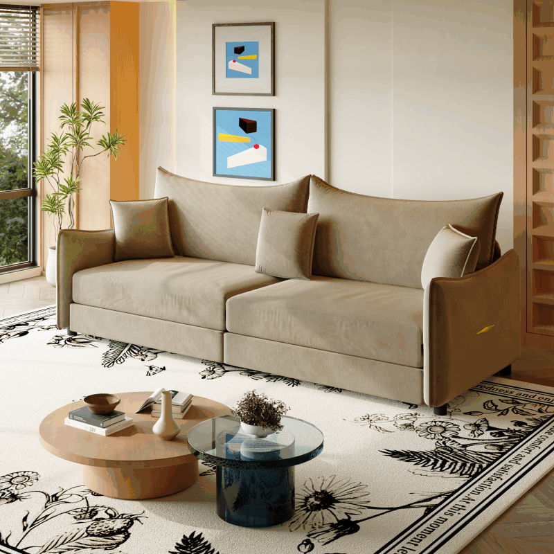 81.9" King Pull Out Sofa Bed,3-in-1 Convertible Sofa Bed with 3 Pillows & Golden Accent Detail Design, Modern Velvet 3-Seater Couch,for Small Space,Living Room,Apartment,Camel image 1