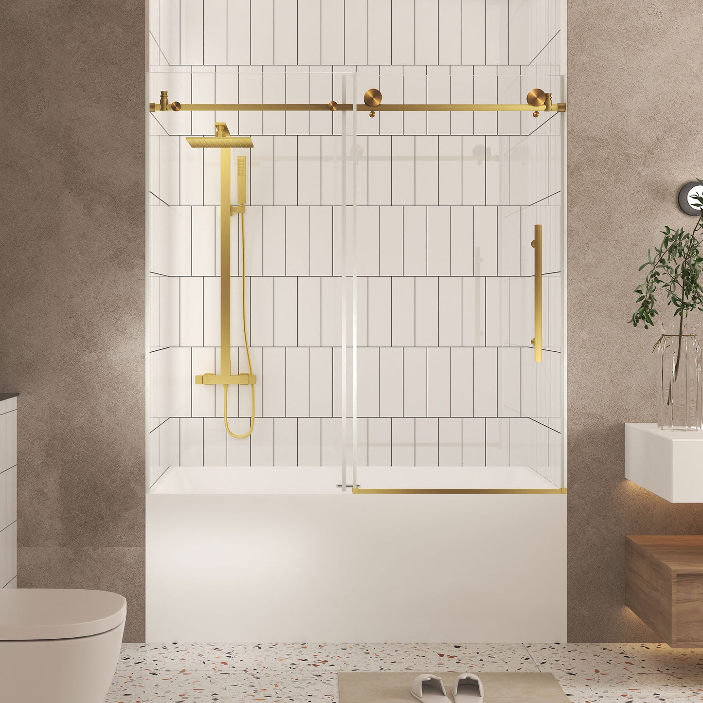 Frameless shower door 56-60 "W x 60" H, 1/4 "(6 mm) Clear Tempered Glass, Explosion Proof Film, Stainless Steel Handle,Brushed Gold image 1