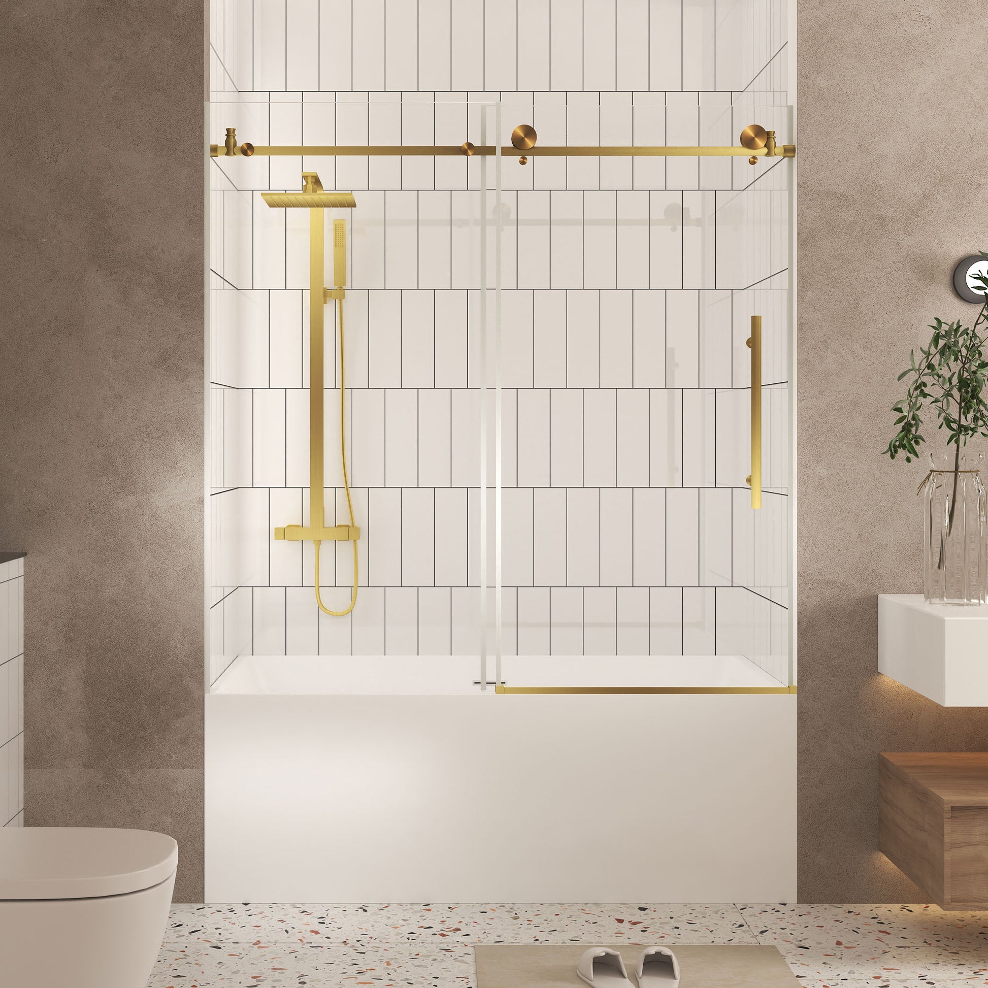 Frameless shower door 56-60 "W x 60" H, 1/4 "(6 mm) Clear Tempered Glass, Explosion Proof Film, Stainless Steel Handle,Brushed Gold image 1