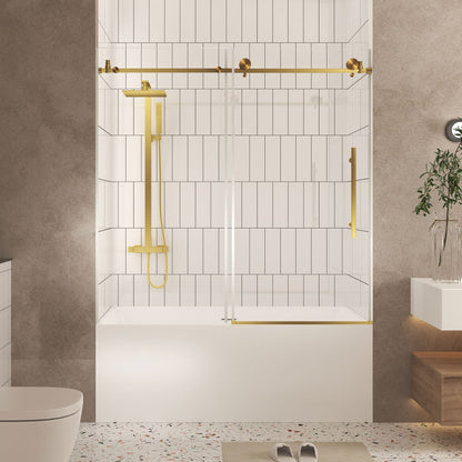 Frameless shower door 56-60 "W x 60" H, 1/4 "(6 mm) Clear Tempered Glass, Explosion Proof Film, Stainless Steel Handle,Brushed Gold image 1