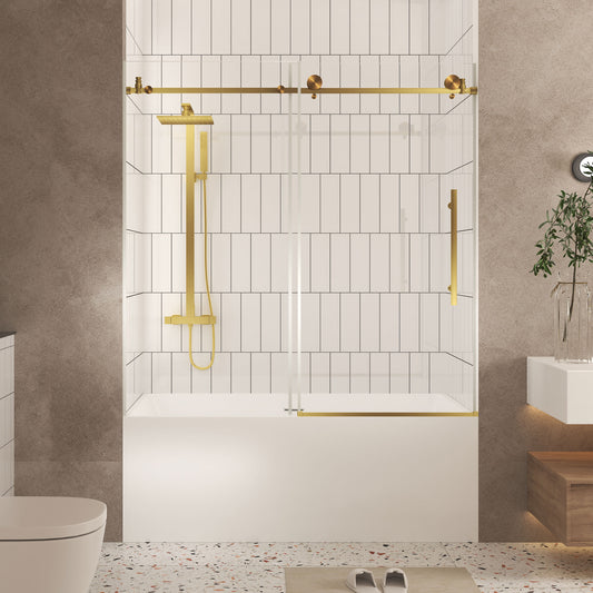 Frameless shower door 56-60 "W x 60" H, 1/4 "(6 mm) Clear Tempered Glass, Explosion Proof Film, Stainless Steel Handle,Brushed Gold image 1