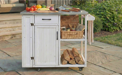 Outdoor Kitchen Island Fir Wood Prep Station Lockable Kitchen Cart with Stainless Top, Ample Storage Space, Towel and Spice Racks for Patio and Outdoor, White image 4