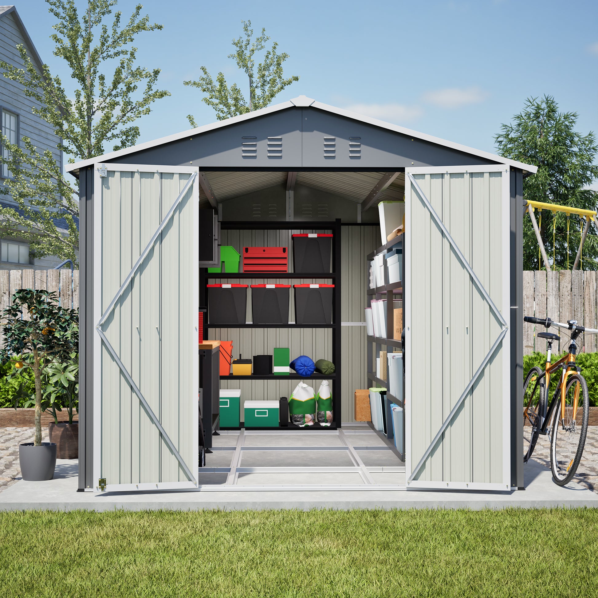 8 x 12 FT Outdoor Storage Shed, Large Metal Tool Storage with Aluminium Frame and Lockable Doors, Storage for Backyard Garden Patio Lawn, Grey image 11
