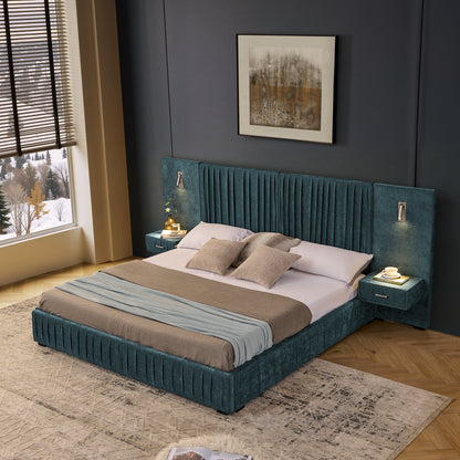 King Size Upholstered Bed Frame with Chenille fabric with pleated design,Grounded King Size Platform Bed with Headboard and Solid Frame and the bedside table.No Box Spring Needed-Blue-Green image 2