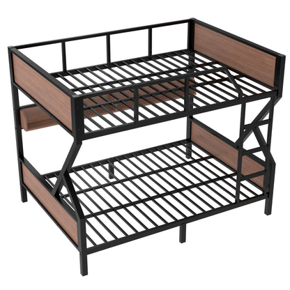 Queen over Queen Bunk Bed, Metal Bunk Bed with Storage Shelves and Lights, Space-saving & Noise-free Design, Black image 12