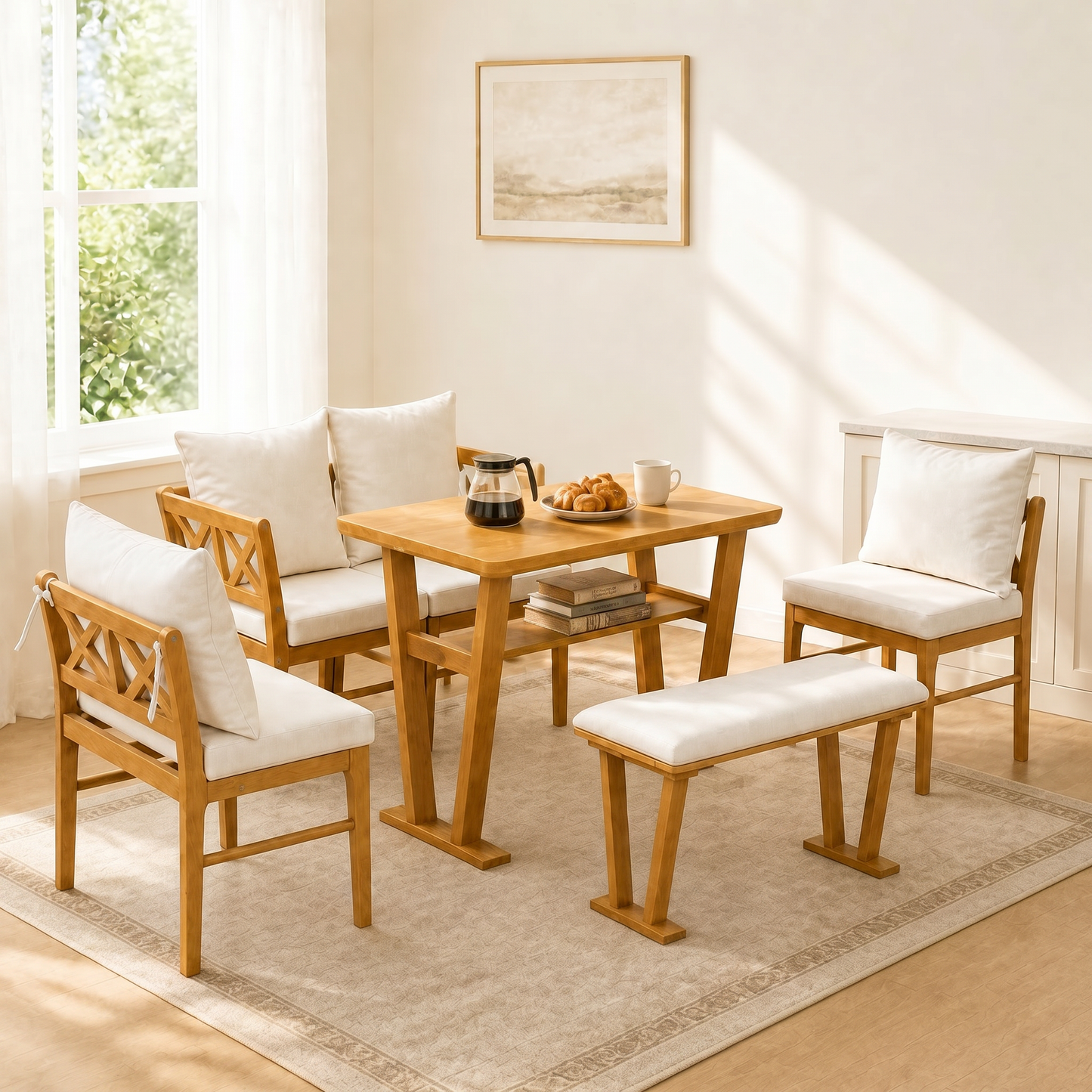 Small Farmhouse Solid Wood Kitchen Nook Dining Room Breakfast Nook Table Set for 6, Space Saving High Top Corner Dining Table with Bench and Chairs (6 Piece) image 3