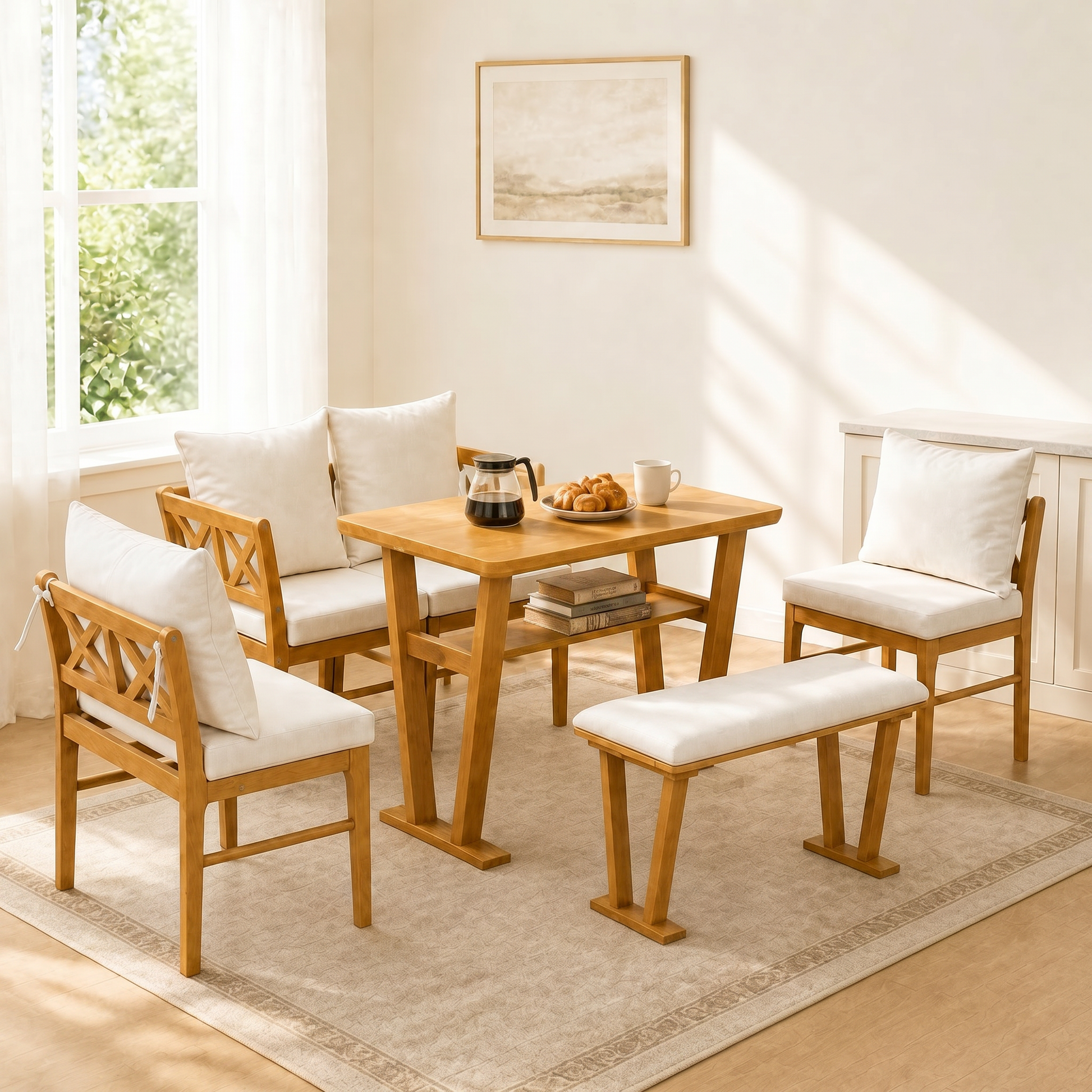 Small Farmhouse Solid Wood Kitchen Nook Dining Room Breakfast Nook Table Set for 6, Space Saving High Top Corner Dining Table with Bench and Chairs (6 Piece) image 3