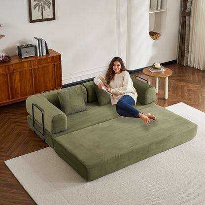 Convertible Sleeper Sofa Bed with Cylindrical Pillow, Corduroy Folding Mattress Couch with Fixed-Shape Frame, Floor Sofa Lounge Couch for Living Room Bedroom (Green) image 2