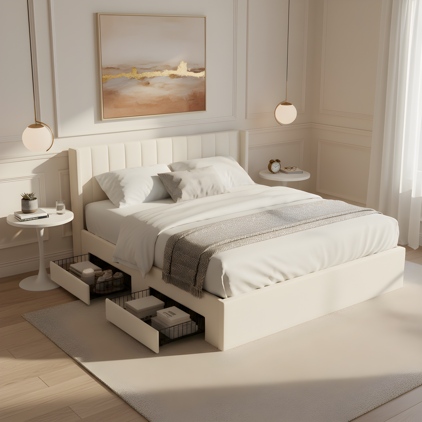 Large-capacity upholstered storage bed with drawers,Beige,King image 5