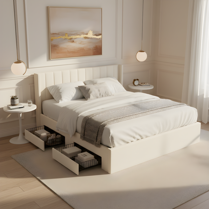 Large-capacity upholstered storage bed with drawers,Beige,King image 5