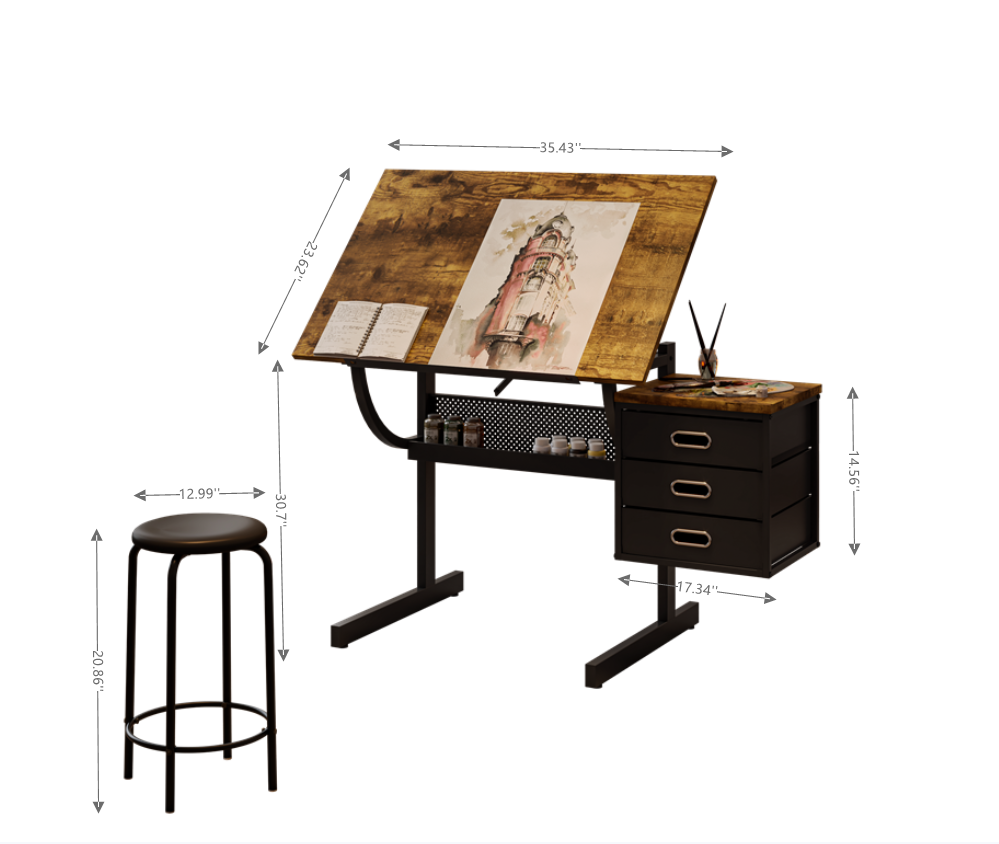 Black drafting drawing table with stool and 3 drawers image 3