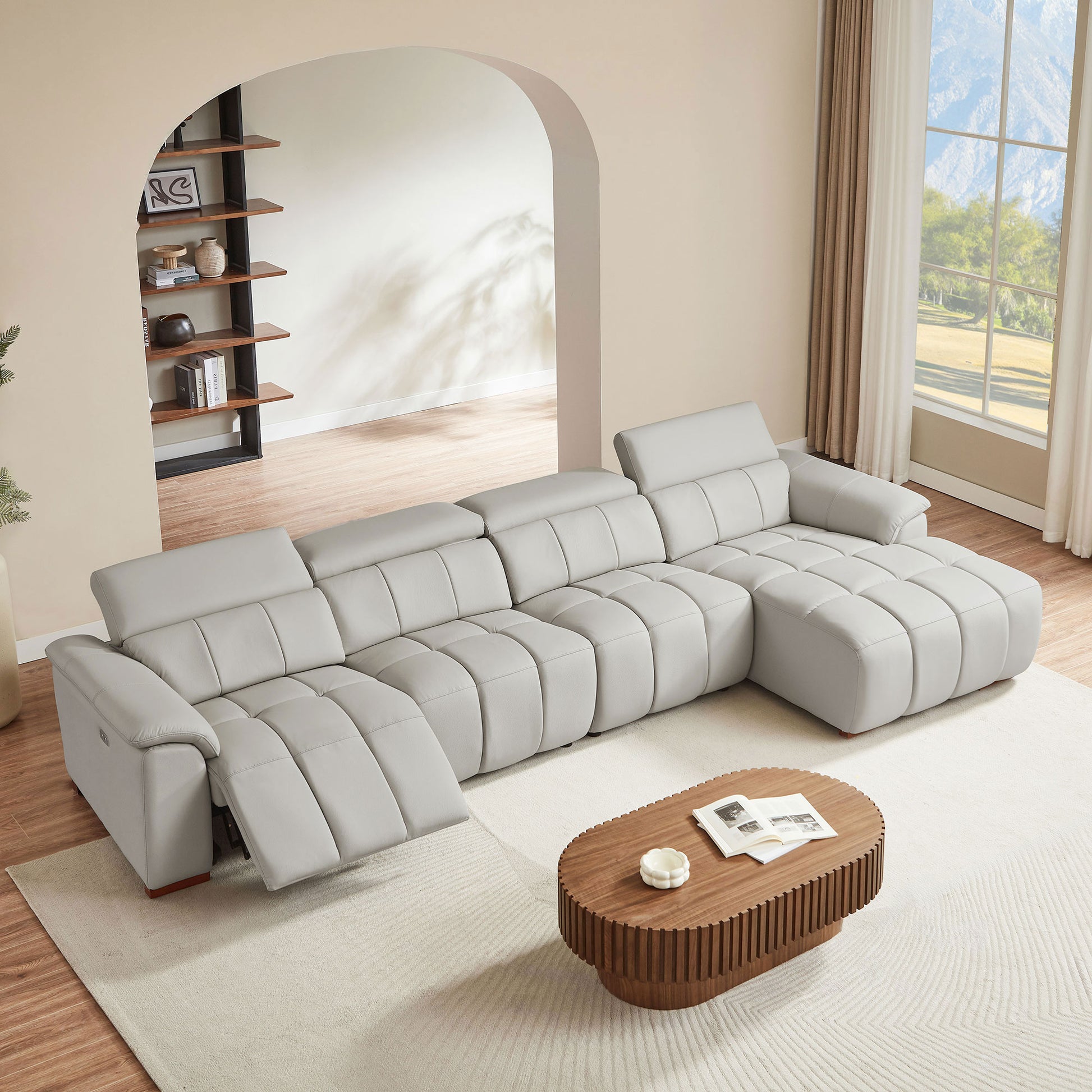4 Seats Wall-Hugger Reclining Sofa Modern Electric Control Genuine Leather L Shaped Couch,Lounge Seat Theater Seating Furniture with USB Port, Sofa with Headrest & Footrest for Living Room,Apartment image 1